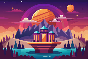 Fototapeta premium Fantasy Palace on an Island with Mountains and Planets in the Night Sky