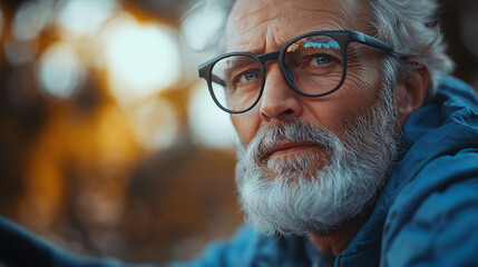 a portrait of a cool senile old man with a blurry background and also has a copy space for Demographic Shifts and aging society concept