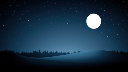 Fototapeta premium Night Forest Landscape with Full Moon and Starry Sky Over Rolling Hills 