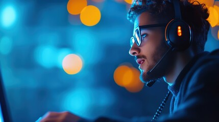 A customer service representative typing notes on a computer while talking on the phone, demonstrating the multi tasking nature of the job.
