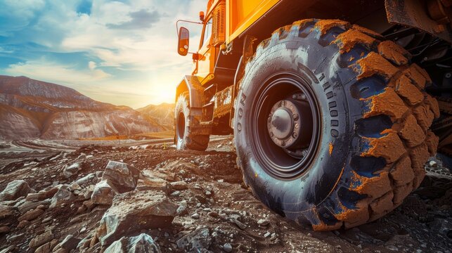 Heavy-Duty Truck Navigating Rugged Terrain with Durable Tires Emphasizing Strength and Reliability