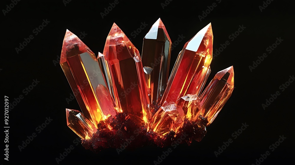 Poster close-up of a cluster of red crystals with light shining through them.