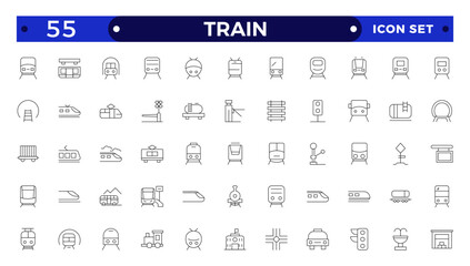 train and railways icon set. intercity, international, freight trains, linear icons.