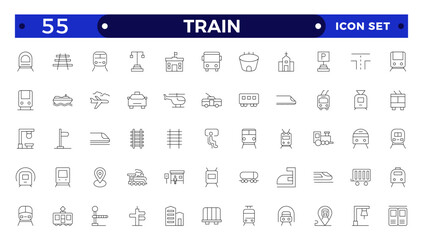 train and railways icon set. intercity, international, freight trains, linear icons.