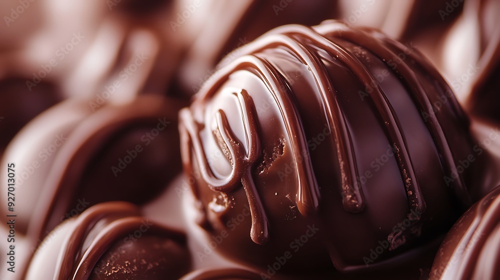 Poster close-up of a dark chocolate truffle with a smooth, glossy finish and a delicate drizzle of chocolat