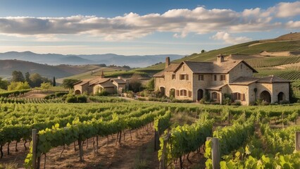 Naklejka premium Traditional vineyard estate with stone buildings, rolling hills, and rows of grapev