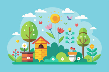 A Colorful Illustration of a Sunny Garden with Flowers, Trees, and a Birdhouse