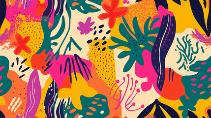 Colorful abstract pattern with various organic shapes and playful elements in a vibrant and bold color scheme.
