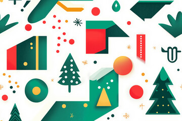 Festive abstract shapes in green, red, and gold forming a seamless tile pattern. This cheerful design is perfect for holiday decorations and celebrations.