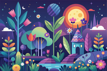 A Nighttime Fantasy Garden with a House and a Large Moon