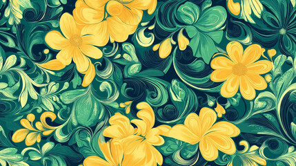 Rich, detailed floral pattern with swirling green foliage and bold yellow flowers, giving a vintage yet lively feel. Suitable for decorative and fabric designs.