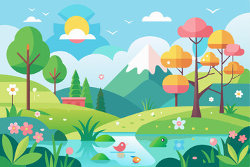 Fototapeta premium Tranquil Spring Landscape with a Winding River and Lush Greenery