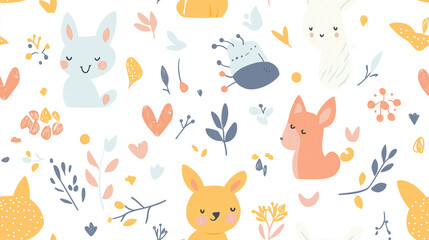 Adorable seamless pattern with cute animals and plants in pastel colors on a white background. Perfect for children's products and gentle themes.