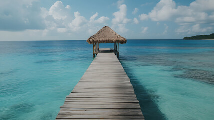 This is a picture of a wooden pier extending out into turquoise water, with a small hut on the end.

