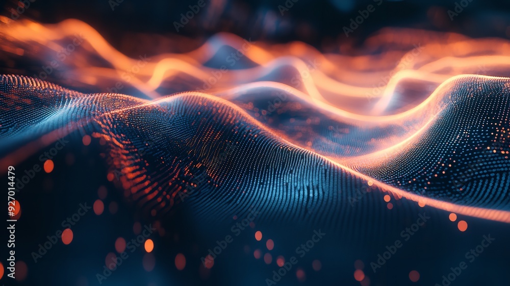 Poster abstract waves of blue and orange light particles creating a dynamic and futuristic landscape. ideal