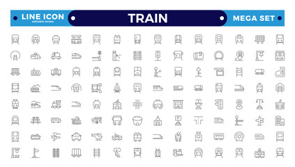 Train and railways icon set. intercity, international, freight trains, linear icons. Editable stroke outline icon. 