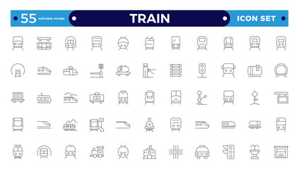Train and railways icon set. intercity, international, freight trains, linear icons. Editable stroke outline icon. 