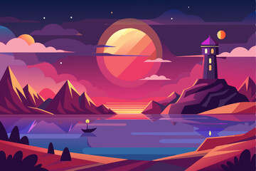 A Serene Nighttime Landscape with a Lighthouse, Mountains, and a Single Boat on a Lake