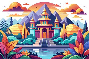 A Majestic Golden Palace Surrounded by Lush Foliage and Mountains