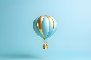 A vibrant blue and gold hot air balloon soaring through a clear sky, capturing the essence of adventure and freedom.
