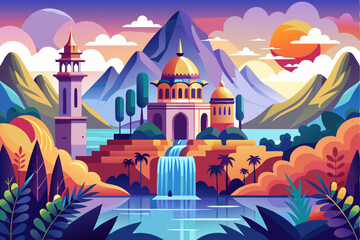 A Majestic Oasis with a Mosque, Waterfall, and Palm Trees