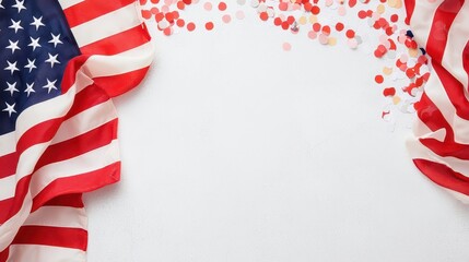 Naklejka premium The American flag proudly waving against a backdrop of colorful fireworks and lights, perfect for a patriotic celebration with room for text.
