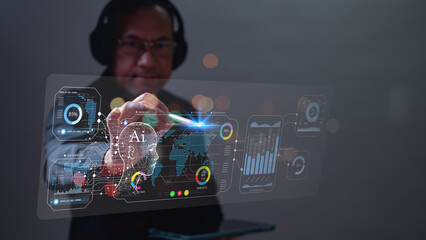 Asia newspaperman conducts an analysis on AI-driven marketing strategies, interpreting graphs on a...