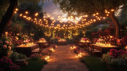 Elegant Outdoor Garden Party Setup with String Lights and a Festive Atmosphere