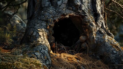 Obraz premium A large hole in the base of a tree trunk. The bark of the tree is dark and textured. The hole is dark and mysterious.