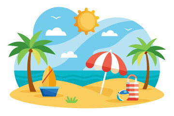 Tropical Beach Scene with Palm Trees, Sun, and Beach Umbrella