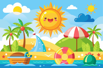 Happy Smiling Sun on a Beach with Palm Trees, Boat, and Inflatable Ring