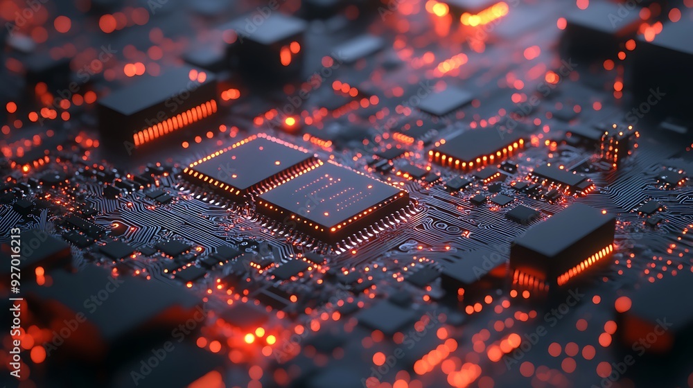Poster close-up of a glowing circuit board with red lights.