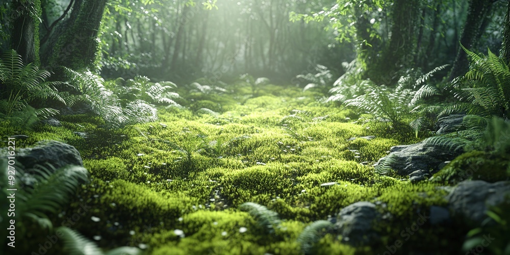 Poster create a photorealistic high resolution image of a lush green moss covered forest floor with ferns a
