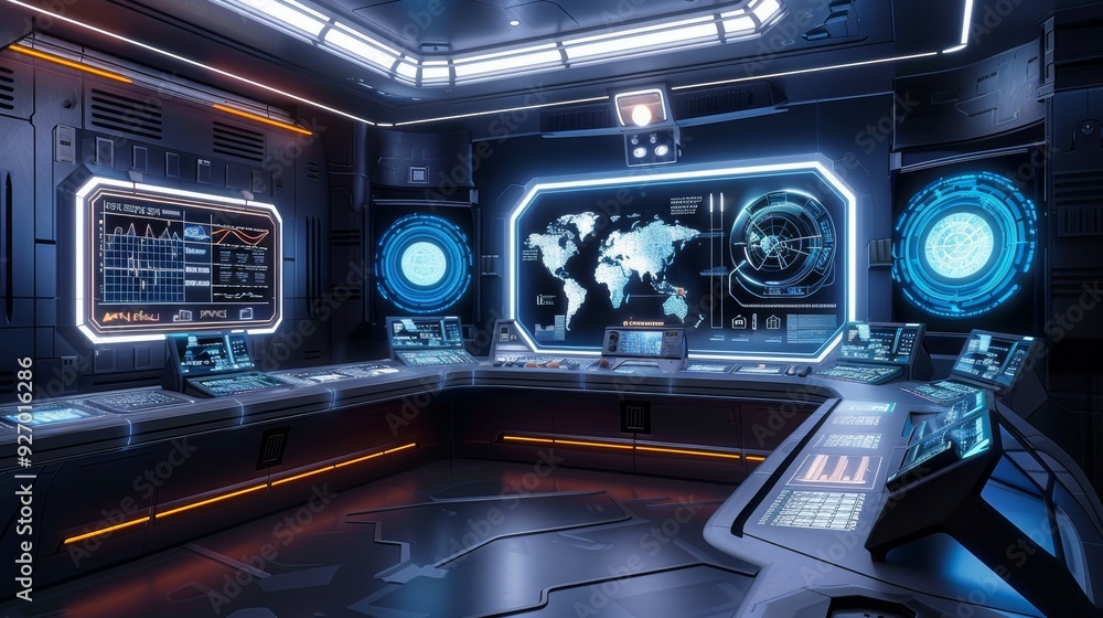Aufkleber futuristic control center with holographic displays and ai-driven systems for next-gen cloud storage