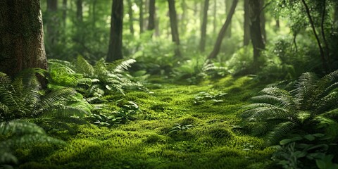 Obraz premium Create a photorealistic high resolution image of a lush green moss covered forest floor with ferns and branches. 