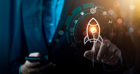 Businessman Launching AI-Powered Startup with Digital Interface, Emphasizing Technological Advancement and Entrepreneurial Success, Global tech startup innovates to connect