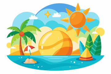 Beach Scene with Palm Tree, Sun, and Ocean