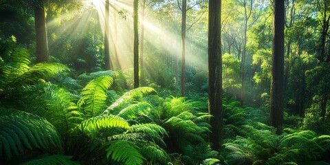 Fototapeta premium A photograph of a dense forest in Australia with tall trees and lush ferns covering the forest floor. Sunlight filters through the canopy, illuminating the green foliage 