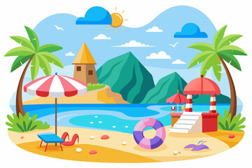 Tropical Beach Scene with Palm Trees, Umbrellas, and a Lifebuoy