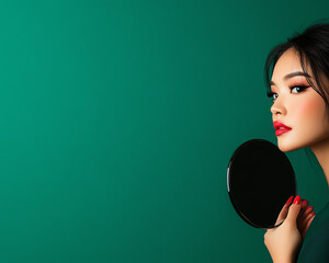 A poised woman with elegant makeup holding a round mirror against a green background, showcasing beauty and glamour.