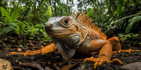 Fototapeta premium An orange iguana with intricate scales rests on the forest floor. 
