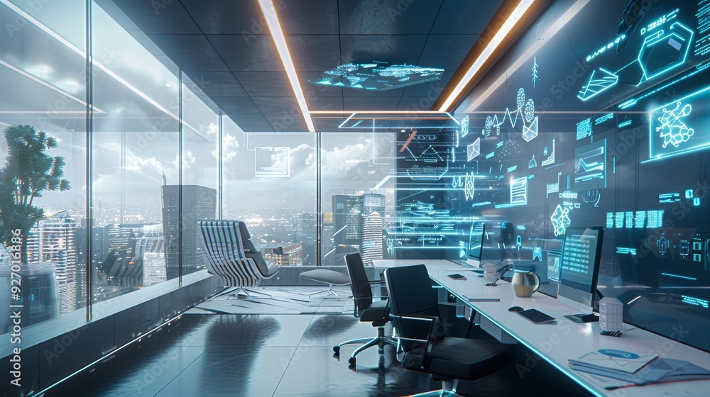 Aufkleber futuristic office with ai-driven cloud storage and holographic data visualization