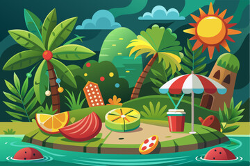 Tropical Island Oasis with Food and Drinks