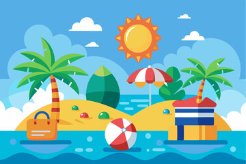 Obraz premium Summer Beach Scene with Palm Trees, Beach Umbrella, and Beach Bag