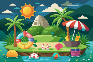 Tropical Island with Sun, Palm Trees, and Beach Accessories