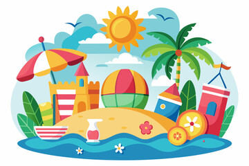 Obraz premium Colorful Beach Scene with Sandcastles, Palm Trees, and Sun
