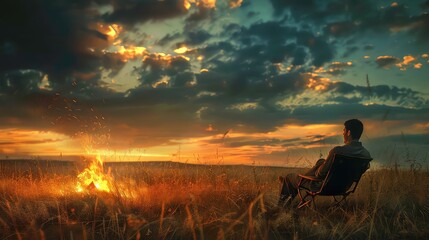 Fototapeta premium A lone figure sits in a chair facing a campfire with a stunning sunset behind them.