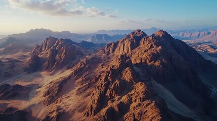 Obraz premium Breathtaking Aerial View of Mount Sinai at Sunrise, Majestic Desert Mountain Landscape