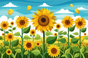 A Field of Sunflowers Under a Blue Sky with White Clouds