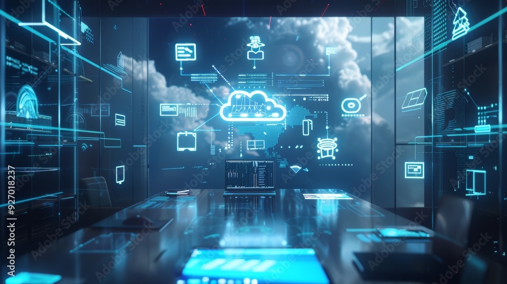 Poster futuristic workspace with advanced cloud storage and holographic interfaces for efficient data manag